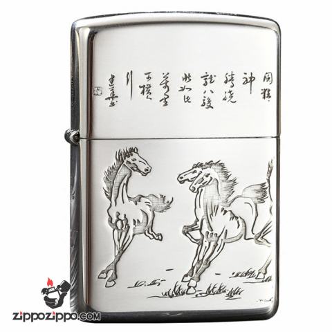 Bật Lửa Zippo Chính Hãng Bạc Khối Khắc Tranh Bát Mã Truy Phong Bản Tiêu Chuẩn.