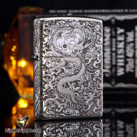 Bật Lửa Zippo Bạc nguyên khối Cao Cấp khắc hình rồng châu Á Dũng Mãnh