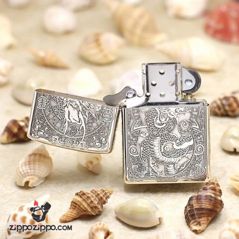 Bật lửa Zippo  Bạc nguyên khối cao cấp khắc hình Rồng Châu Á