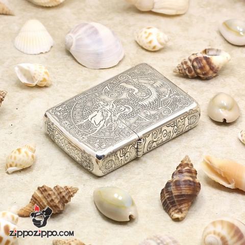 Bật lửa Zippo  Bạc nguyên khối cao cấp khắc hình Rồng Châu Á