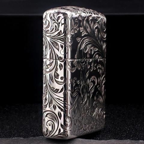 Bật Lửa Zippo Bạc Nguyên Khối Cao Cấp Khắc Hoa Văn Tình Yêu Hoa Elf Bản Mỏng