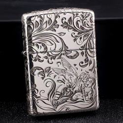 Bật Lửa Zippo Bạc Nguyên Khối Cao Cấp Khắc Hoa Văn Tình Yêu Hoa Elf Bản Mỏng - Mã SP: ZPC2860