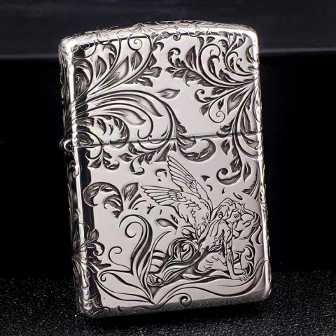 Bật Lửa Zippo Bạc Nguyên Khối Cao Cấp Khắc Hoa Văn Tình Yêu Hoa Elf Bản Mỏng