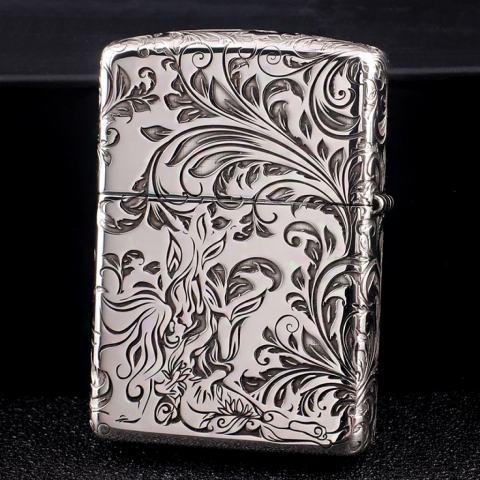 Bật Lửa Zippo Bạc Nguyên Khối Cao Cấp Khắc Hoa Văn Tình Yêu Hoa Elf Bản Mỏng