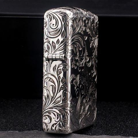 Bật Lửa Zippo Bạc Nguyên Khối Cao Cấp Khắc Hoa Văn Tình Yêu Hoa Elf Bản Mỏng