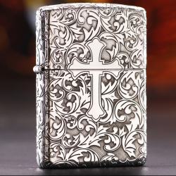 Bật Lửa Zippo Bạc Nguyên Khối Cao Cấp Khắc Hoa Văn Xung Quanh Thánh Giá Vỏ Mỏng - Mã SP: ZPC2945