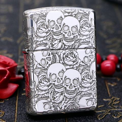 Bật Lửa Zippo Bạc Nguyên Khối Cao Cấp Khắc Năm Mặt Đầu Lâu Hoa Hồng Vỏ Mỏng