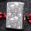 Bật Lửa Zippo Bạc Nguyên Khối Cao Cấp Khắc Năm Mặt Đầu Lâu Hoa Hồng Vỏ Mỏng
