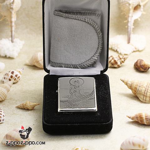 Bật Lửa Zippo Bạc Nguyên Khối Cao Cấp Khắc Phật Bà Quan Âm