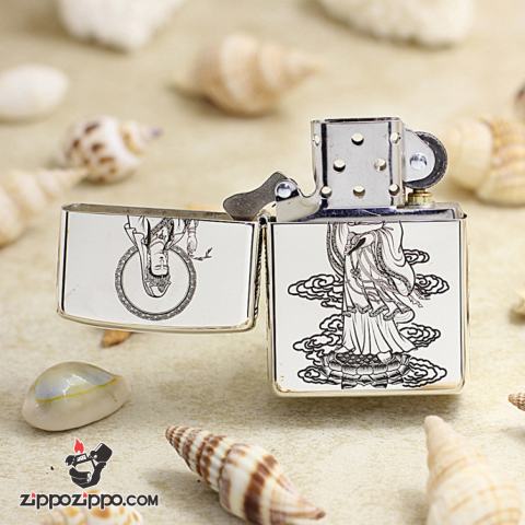 Bật Lửa Zippo Bạc Nguyên Khối Cao Cấp Khắc Phật Bà Quan Âm