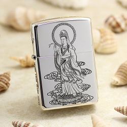 Bật Lửa Zippo Bạc Nguyên Khối Cao Cấp Khắc Phật Bà Quan Âm