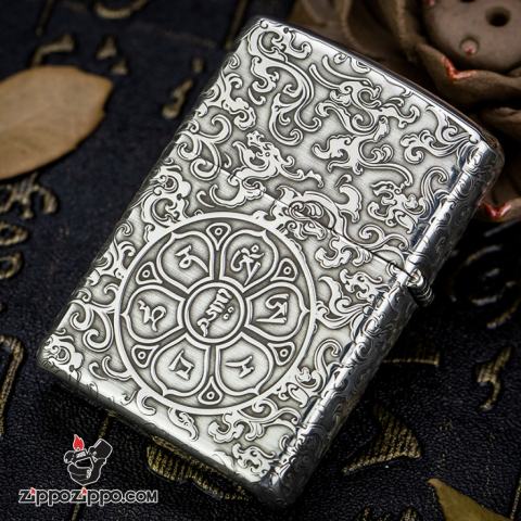 Bật Lửa Zippo Bạc Nguyên Khối Cao Cấp Khắc Lục Tự Đại Minh Chú Armor