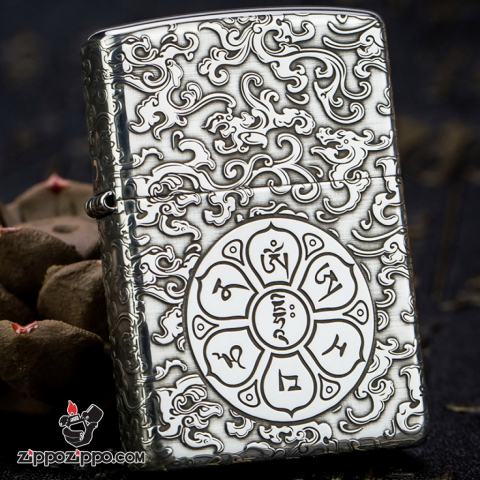 Bật Lửa Zippo Bạc Nguyên Khối Cao Cấp Khắc Lục Tự Đại Minh Chú Armor