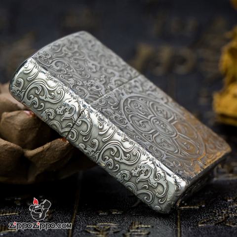 Bật Lửa Zippo Bạc Nguyên Khối Cao Cấp Khắc Lục Tự Đại Minh Chú Armor