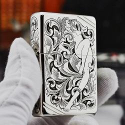 Bật Lửa Zippo Bạc Nguyên Khối Cao Cấp Khắc Thần Rừng Bản Chém Góc