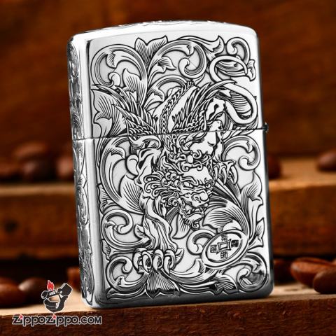 Bật Lửa Zippo Bạc Nguyên Khối Cao Cấp Khắc Tỳ Hưu Năm Mặt Tài Lộc Bản Giới Hạn 99 Chiếc Vỏ Mỏng