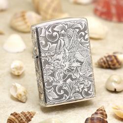 Bật Lửa Zippo Bạc Nguyên Khối Chạm Khắc Họa Tiết Rồng Nguyên Con - Mã SP: ZPC1630