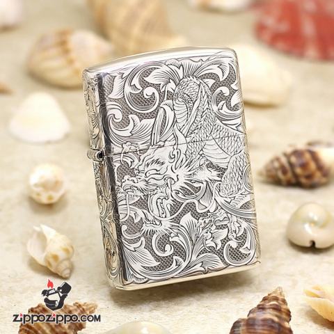 Bật Lửa Zippo Bạc Nguyên Khối Chạm Khắc Họa Tiết Rồng Nguyên Con
