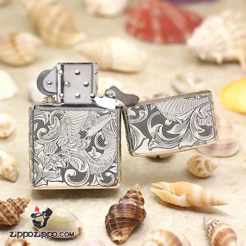 Bật Lửa Zippo Bạc Nguyên Khối Chạm Khắc Họa Tiết Rồng Nguyên Con