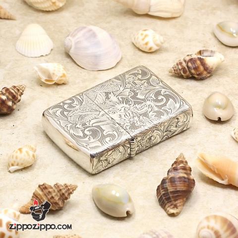 Bật Lửa Zippo Bạc Nguyên Khối Chạm Khắc Họa Tiết Rồng Nguyên Con