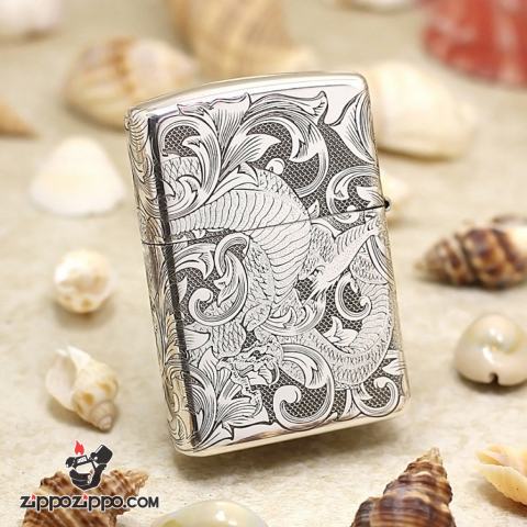 Bật Lửa Zippo Bạc Nguyên Khối Chạm Khắc Họa Tiết Rồng Nguyên Con