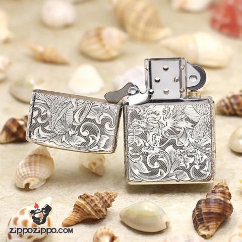 Bật Lửa Zippo Bạc Nguyên Khối Chạm Khắc Họa Tiết Rồng Nguyên Con