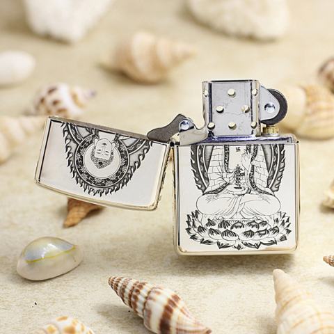 Bật Lửa Zippo Bạc Nguyên Khối Khắc Đức Phật Thích Ca Mâu Ni Bản Vỏ Dầy Armor