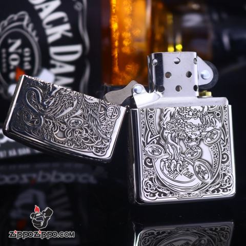 Bật Lửa Zippo  Bạc Nguyên Khối Khắc Tỳ Hưu Tài Lộc Bản Giới Hạn