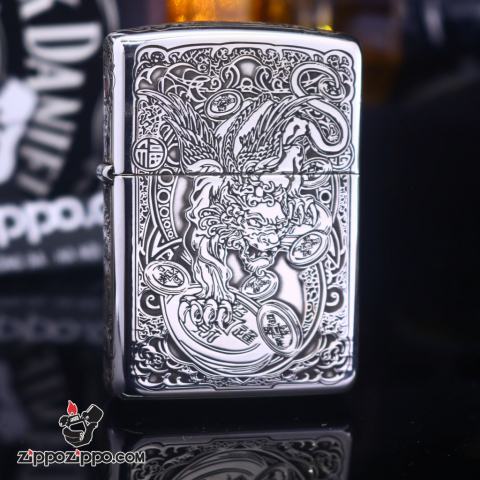 Bật Lửa Zippo  Bạc Nguyên Khối Khắc Tỳ Hưu Tài Lộc Bản Giới Hạn