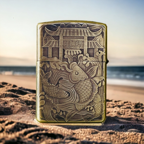 BẬT LỬA ZIPPO BẢN ĐỒNG TRƠN CHÍNH HÃNG KHẮC HÌNH 3D CÁ CHÉP SIÊU SẮC NÉT