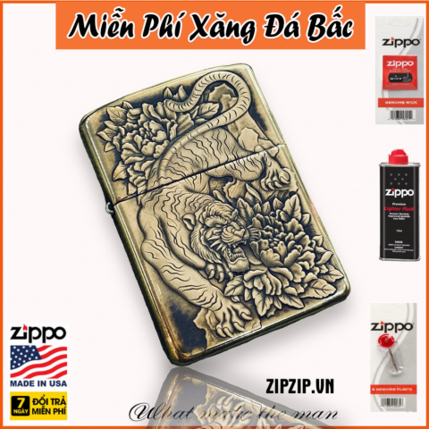 BẬT LỬA ZIPPO BẢN ĐÔNG TRƠN KHẮC 3D HÌNH HỔ VẰN XUỐNG NÚI SIÊU SẮC NÉT