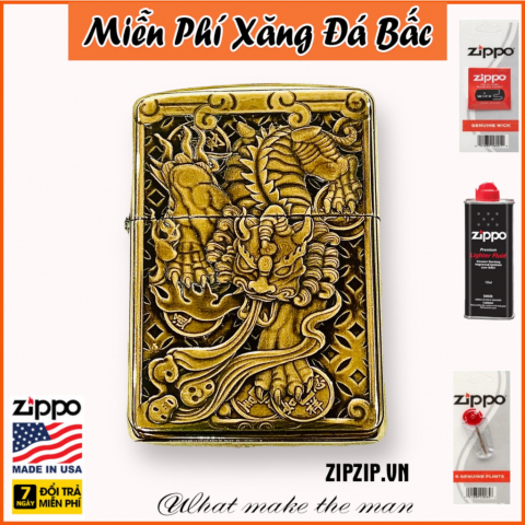 BẬT LỬA ZIPPO BẢN ĐÔNG TRƠN KHẮC 3D HÌNH TỲ HƯU ĐỒNG VÀNG  SIÊU SẮC NÉT