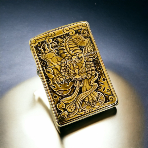 BẬT LỬA ZIPPO BẢN ĐÔNG TRƠN KHẮC 3D HÌNH TỲ HƯU ĐỒNG VÀNG  SIÊU SẮC NÉT