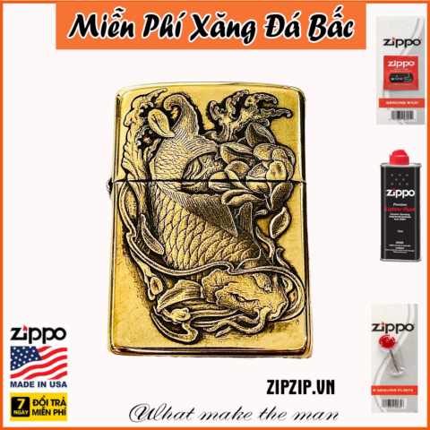 BẬT LỬA ZIPPO BẢN ĐỒNG TRƠN KHẮC HÌNH 3D  CÁ CHÉP ĐẦM SEN SIÊU SẮC NÉT