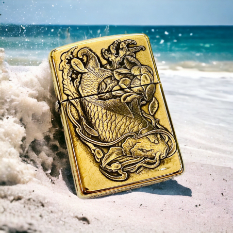 BẬT LỬA ZIPPO BẢN ĐỒNG TRƠN KHẮC HÌNH 3D  CÁ CHÉP ĐẦM SEN SIÊU SẮC NÉT