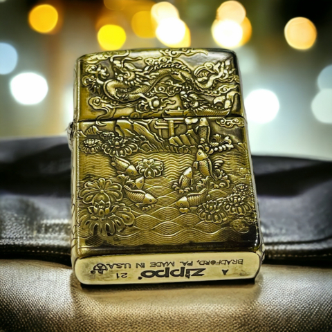 BẬT LỬA ZIPPO BẢN ĐỒNG TRƠN KHẮC HÌNH 3D CÁ CHÉP HOÁ RỒNG SIÊU SẮC NÉT
