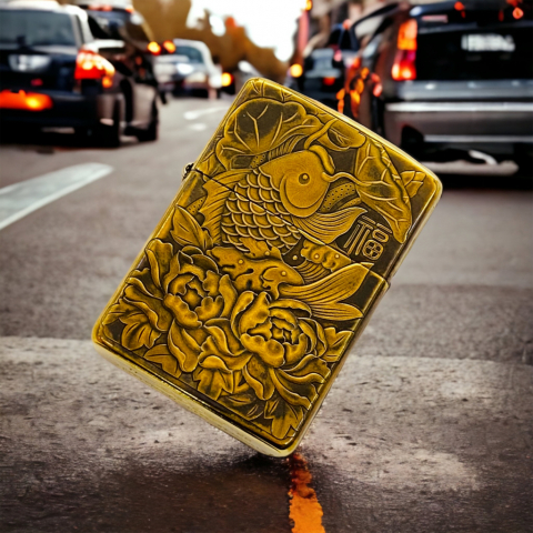 Bật Lửa Zippo Bản Đồng Trơn Khắc Hình 3d Cá Hoa Sen Siêu Nét Phiên Bản 2