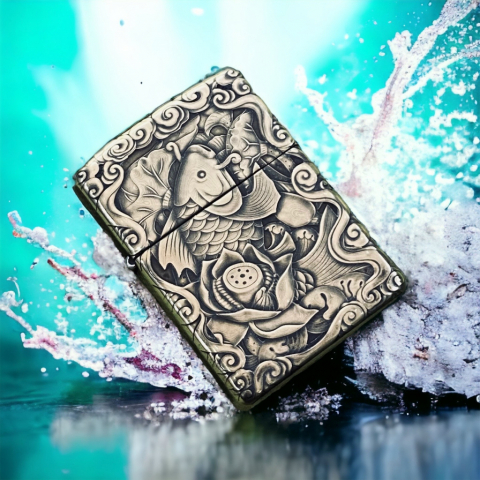 BẬT LỬA ZIPPO BẢN ĐỒNG TRƠN KHẮC HÌNH 3D CÁ HOA SEN SIÊU NÉT