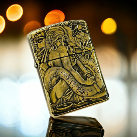 BẬT LỬA ZIPPO BẢN ĐỒNG TRƠN  KHẮC HÌNH 3D CÔ GÁI RẮN SIÊU NÉT