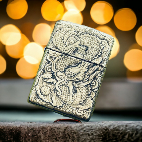 BẬT LỬA ZIPPO BẢN ĐỒNG TRƠN KHẮC HÌNH 3D CON RỒNG SIÊU SẮC NÉT