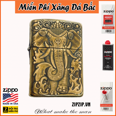 BẬT LỬA ZIPPO BẢN ĐỒNG TRƠN KHẮC HÌNH 3D CON VOI SIÊU SẮC NÉT