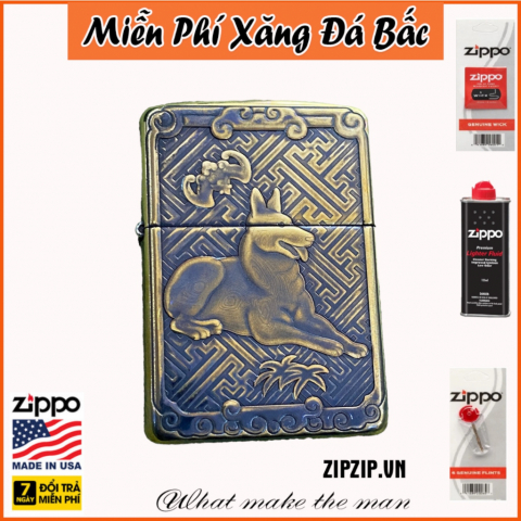 BẬT LỬA ZIPPO BẢN ĐỒNG TRƠN KHẮC HÌNH 3D TUỔI CON CHÓ  SIÊU SẮC NÉT