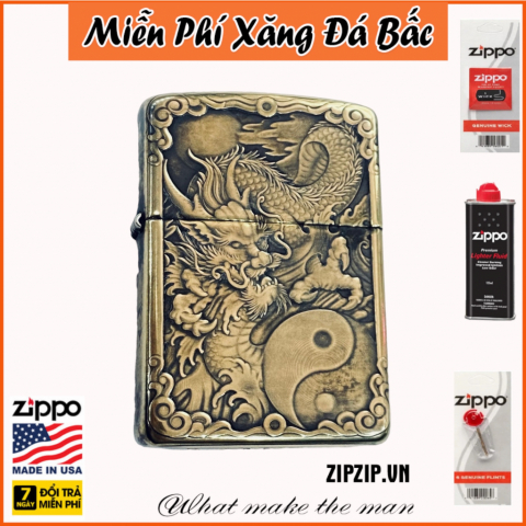 BẬT LỬA ZIPPO BẢN ĐỒNG TRƠN KHẮC HÌNH RỒNG ÂM DƯƠNG SIÊU SẮC NÉT