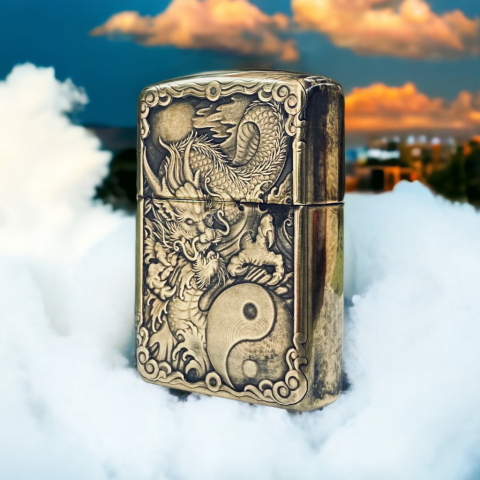 BẬT LỬA ZIPPO BẢN ĐỒNG TRƠN KHẮC HÌNH RỒNG ÂM DƯƠNG SIÊU SẮC NÉT