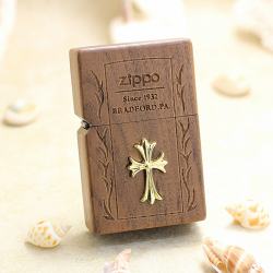Bật Lửa  Zippo Bọc Gỗ Óc Chó Biểu Tượng Chữ Thập Mạ Vàng - Mã SP: ZPC3143