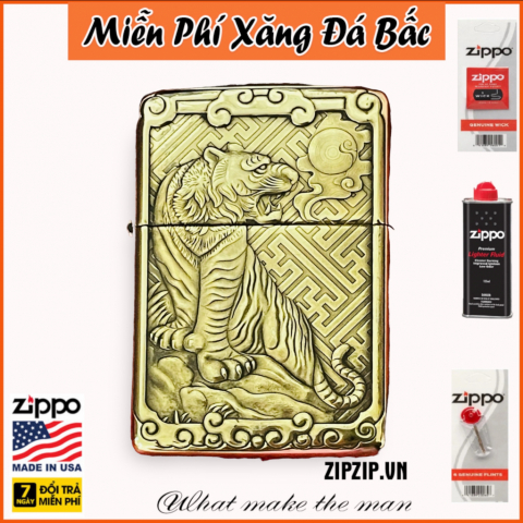 Bật lửa zippo chính hãng bản đồng trơn AMOR khắc 3D hình tuổi hổ siêu sắc nét