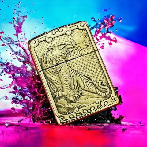 Bật lửa zippo chính hãng bản đồng trơn AMOR khắc 3D hình tuổi hổ siêu sắc nét