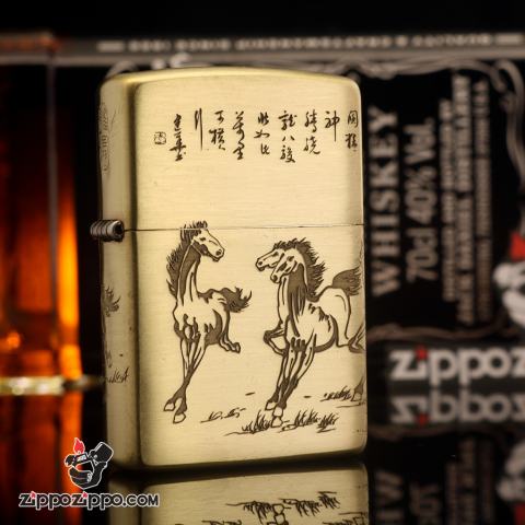 Bật Lửa Zippo Chính Hãng  Đồng Khắc Tranh Bát Mã Truy Phong
