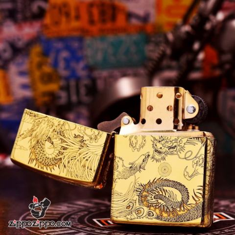 Bật Lửa Zippo Chính Hãng Đồng Nguyên Khối Khắc Rồng Và Phượng
