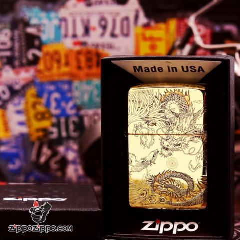 Bật Lửa Zippo Chính Hãng Đồng Nguyên Khối Khắc Rồng Và Phượng